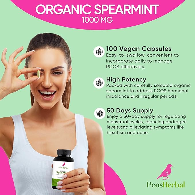 Organic Spearmint Capsules - 1000mg Vegan Capsules (50-Day Supply) - Made in USA