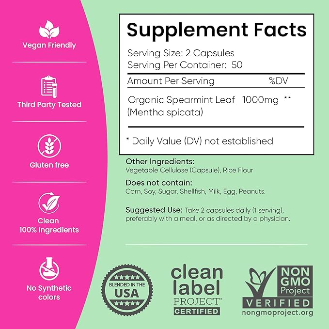 Organic Spearmint Capsules - 1000mg Vegan Capsules (50-Day Supply) - Made in USA